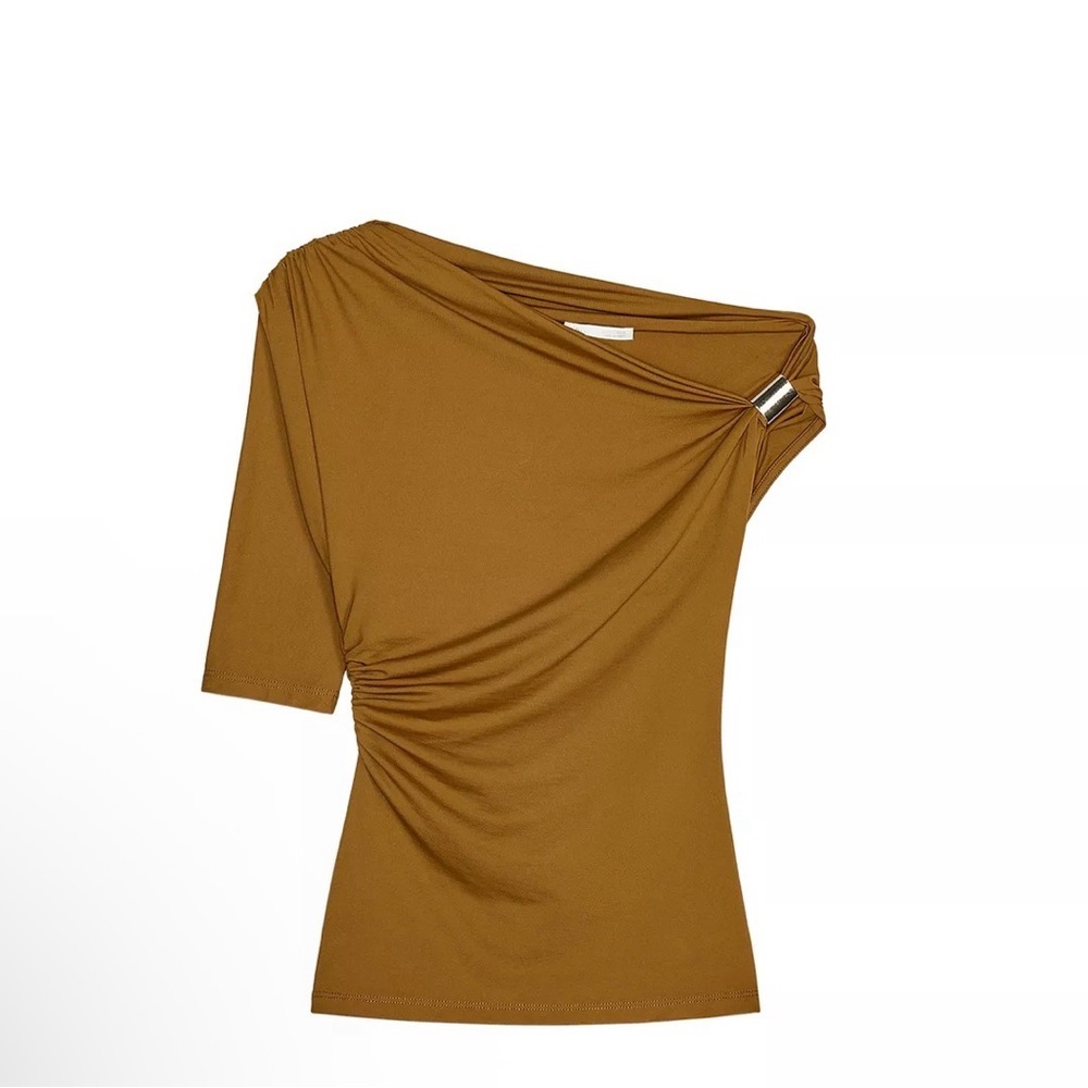 Zara Asymmetric One-Shoulder Short Sleeve Top in Mustard - Picture 2 of 4
